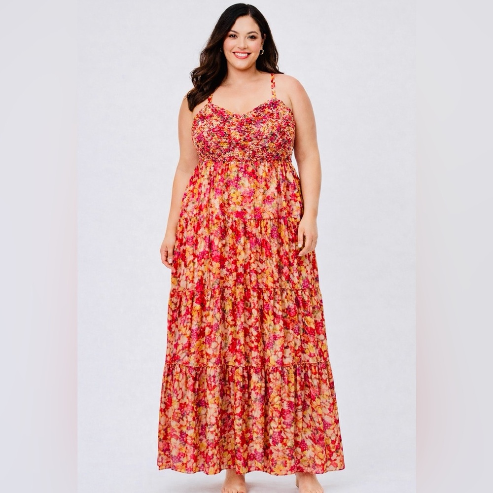NWT Skies are Blue Floral Print Cotton Spaghetti Strap Smocked Maxi Dress 3X